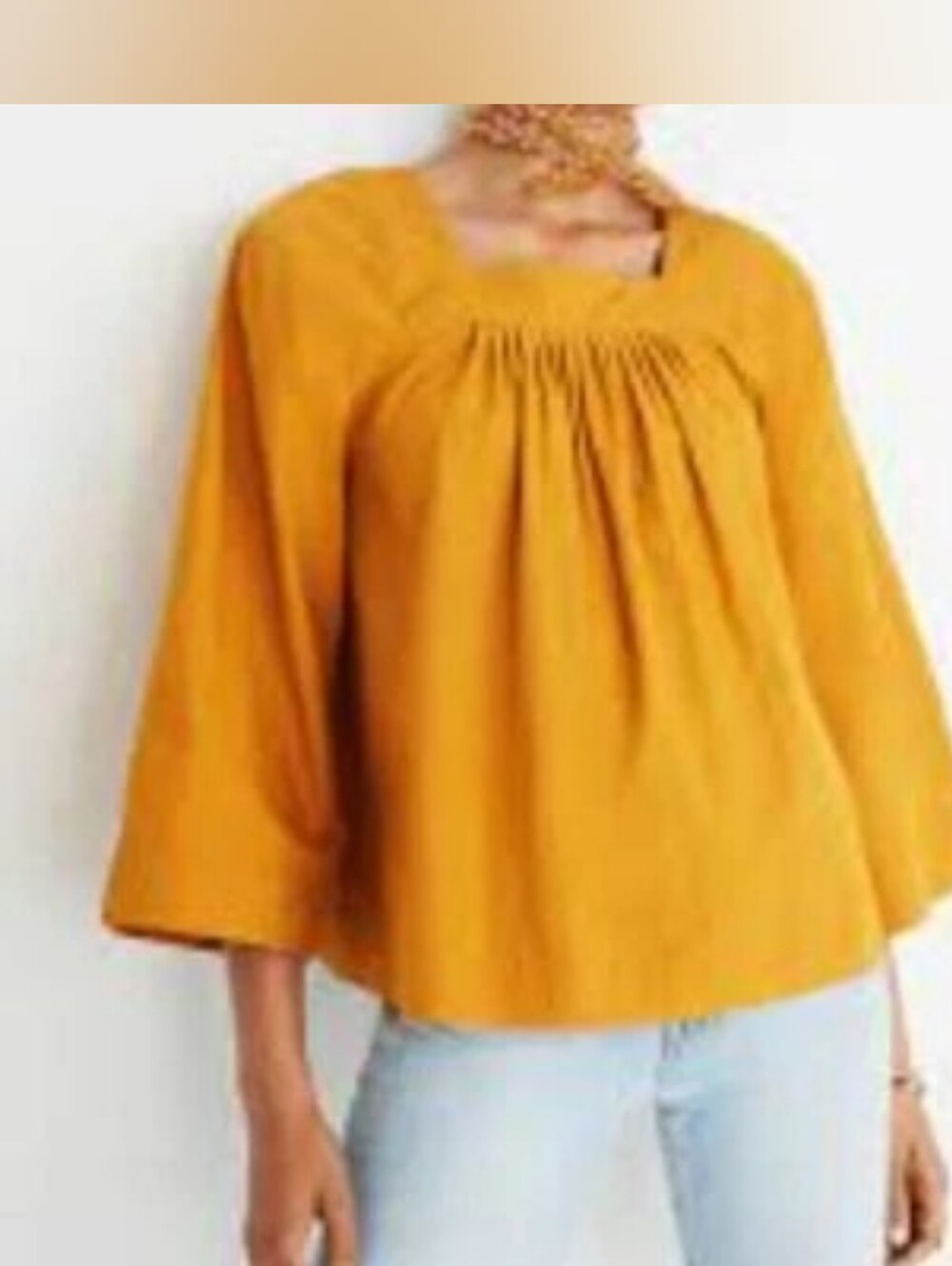 Madewell Oversized Mustard Yellow Square Neck Peasant Top Shirt Boho - Picture 1 of 3
